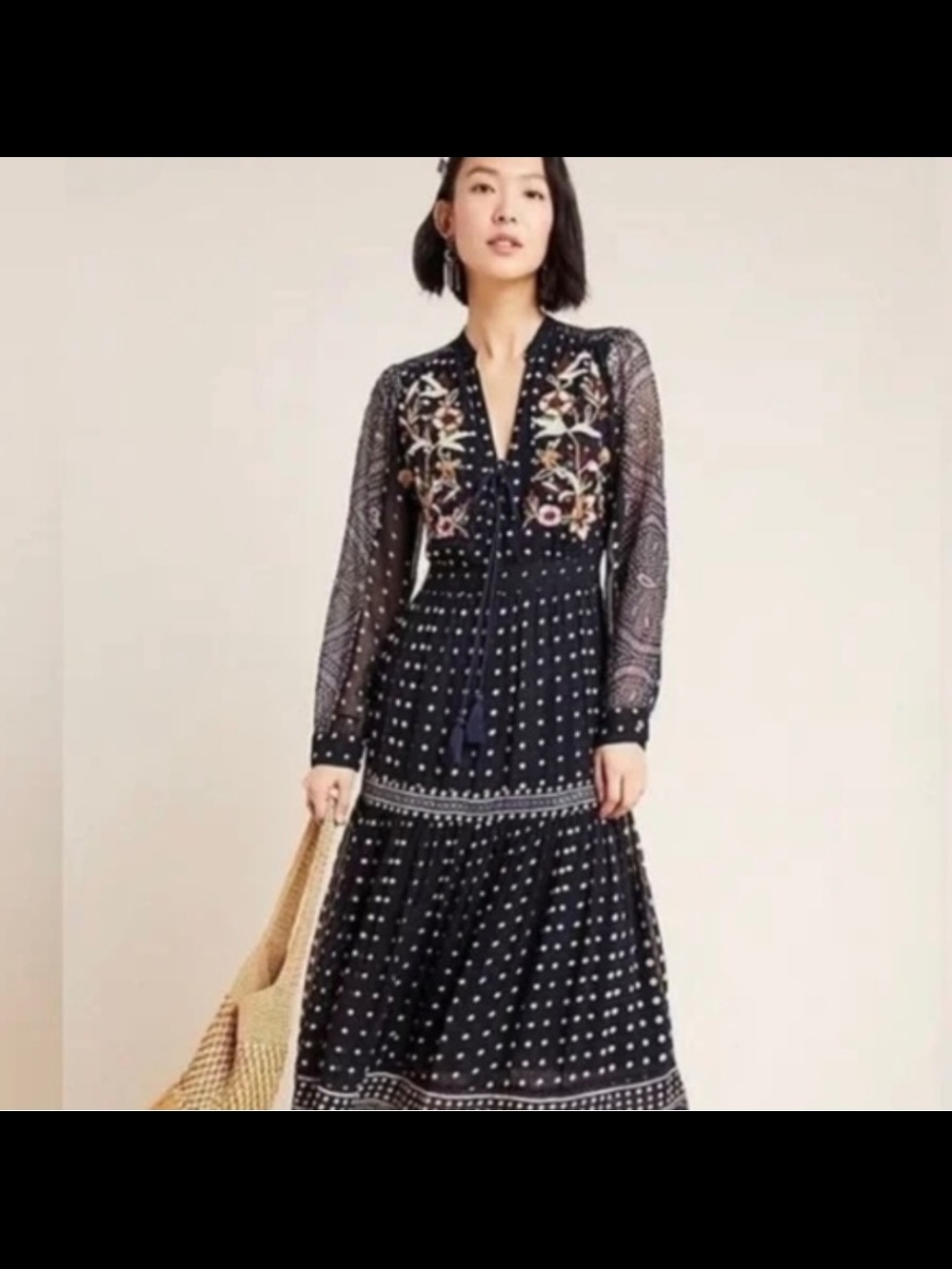 Anthropologie Navy Maxi Dress with Floral Embroidery